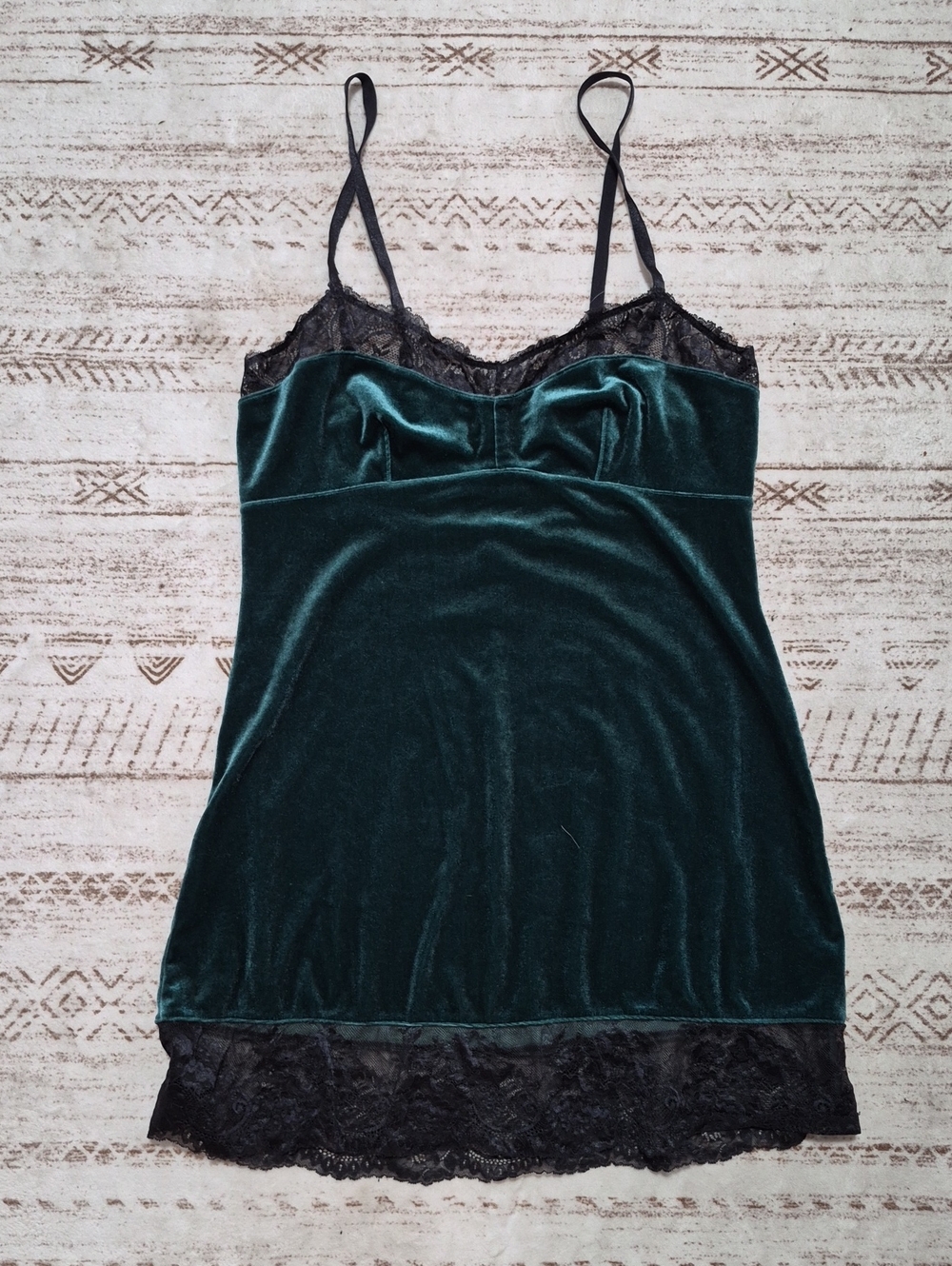 Adore Me Emerald Green Velvet Slip with Black Lace Trim